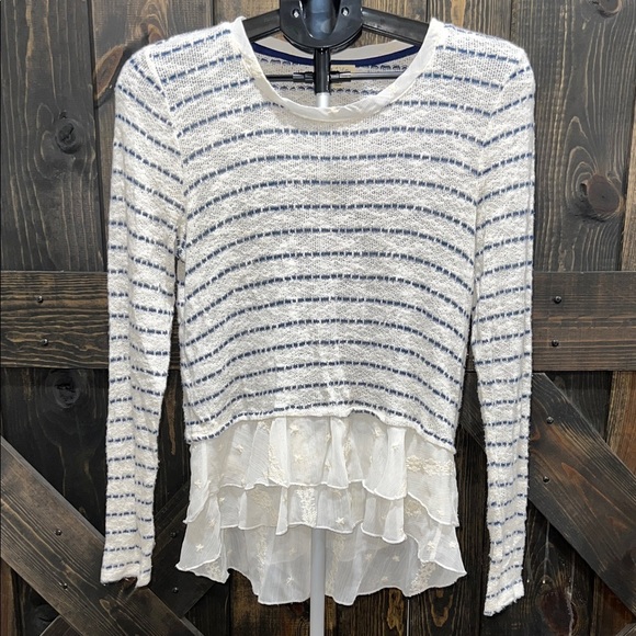 Lily White Bohemian Lace Top S Striped White Blue Embroidered Frilly Festival - Picture 1 of 13